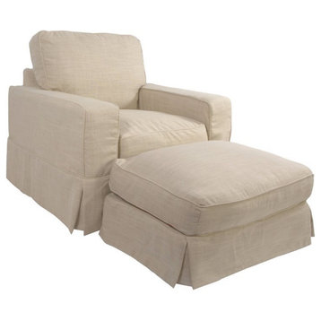 Sunset Trading Americana Fabric Slipcovered Chair and Ottoman in Linen Gray