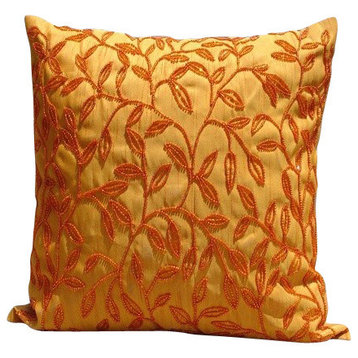 Designer Beaded Leaf Orange Shams, Art Silk 24"x24" Pillow Shams, Citrus