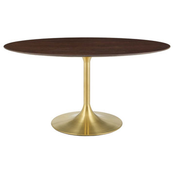Dining Table, Oval, Wood, Gold Dark Brown Brown Walnut, Cafe Bistro Restaurant