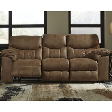 Modern Reclining Sofa, Manual Design With Oversized PU Leather Seat, Light Brown
