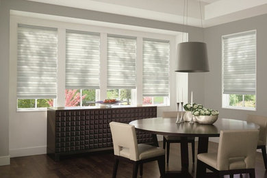 Dining room - mid-sized contemporary dark wood floor dining room idea in Toronto with gray walls