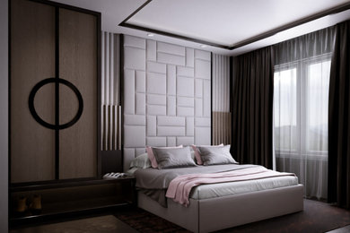 Inspiration for a medium sized modern master bedroom in London with black floors and a coffered ceiling.