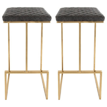 LeisureMod Quincy Stitched Leather Gold Metal Bar Stools set 2 in Gray
