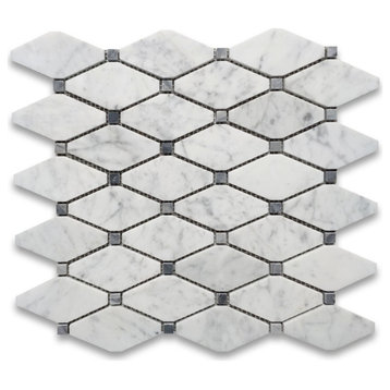 Long Octave Carrara Marble Rhomboid Mosaic Tile Dark Gray Dot Polished, 1 sheet