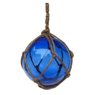 Blue Japanese Glass Ball Fishing Float With White Netting Decoration 4'',  Glass - Beach Style - Decorative Objects And Figurines - by Handcrafted  Nautical Decor
