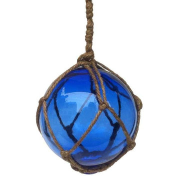 Blue Japanese Glass Ball Fishing Float With Brown Netting Decoration 4'', Glass