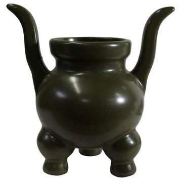 Chinese Handmade Dark Olive Army Green Ceramic Accent Ding Holder Hws326