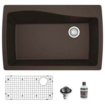 Karran Drop-In Quartz 34" 1-Hole Single Bowl Kitchen Sink Kit, Brown