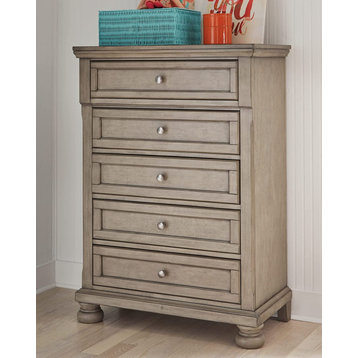 Classic Vertical Dresser, Bun Feet and 5 Spacious Drawers, Burnished Light Grey