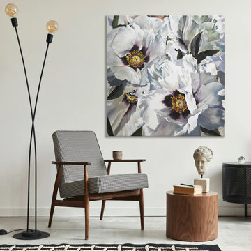 Hand-painted floral canvas art - Modern white flowers wall art "Snow Lotus"