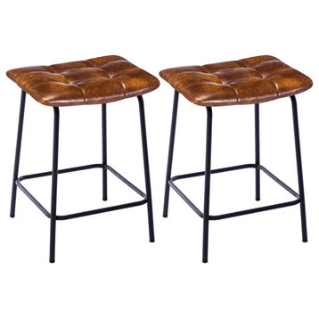 Saddle Tufted 24" Counter Stools Set of 2, Yellowish Brown-Faux Leather