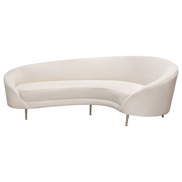 Celine Curved Sofa With Contoured Back With Gold Metal Legs, Cream