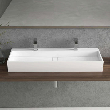 47 Inch Wall-Mount Double Sink Stone Resin Floating Trough Bathroom Sink, Glossy White