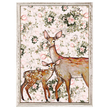 "Deer with Fawn, Floral" Mini Framed Canvas by Eli Halpin