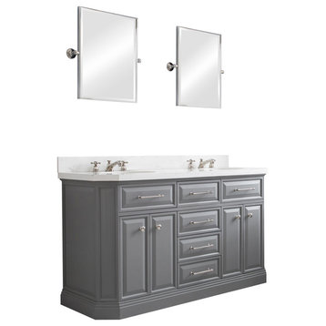 60" Palace Quartz Cashmere Gray Vanity With Hardware, Faucets, Mirror in Polish