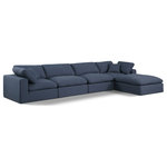 Meridian Furniture - Comfy Upholstered L-Shaped Modular Sectional, Navy, 5-Piece: 2 Armless Chair, 2 Corner Chair, 1 Ottoman, Linen Textured Fabric - Give your space a whole new look with this navy Comfy linen textured fabric sectional. This handsome sectional fits nicely with other items in the Comfy collection and is a versatile seating option designed for adaptability, comfort and style. Wrapped in rich navy durable linen textured fabric upholstery, this sectional offers a plush embrace of overstuffed down feather cushions, carefully crafted to deliver the highest level of comfort. The perfect seat for creating an oasis for relaxation, this sectional has thick foam surrounding its frame for added support and coziness.