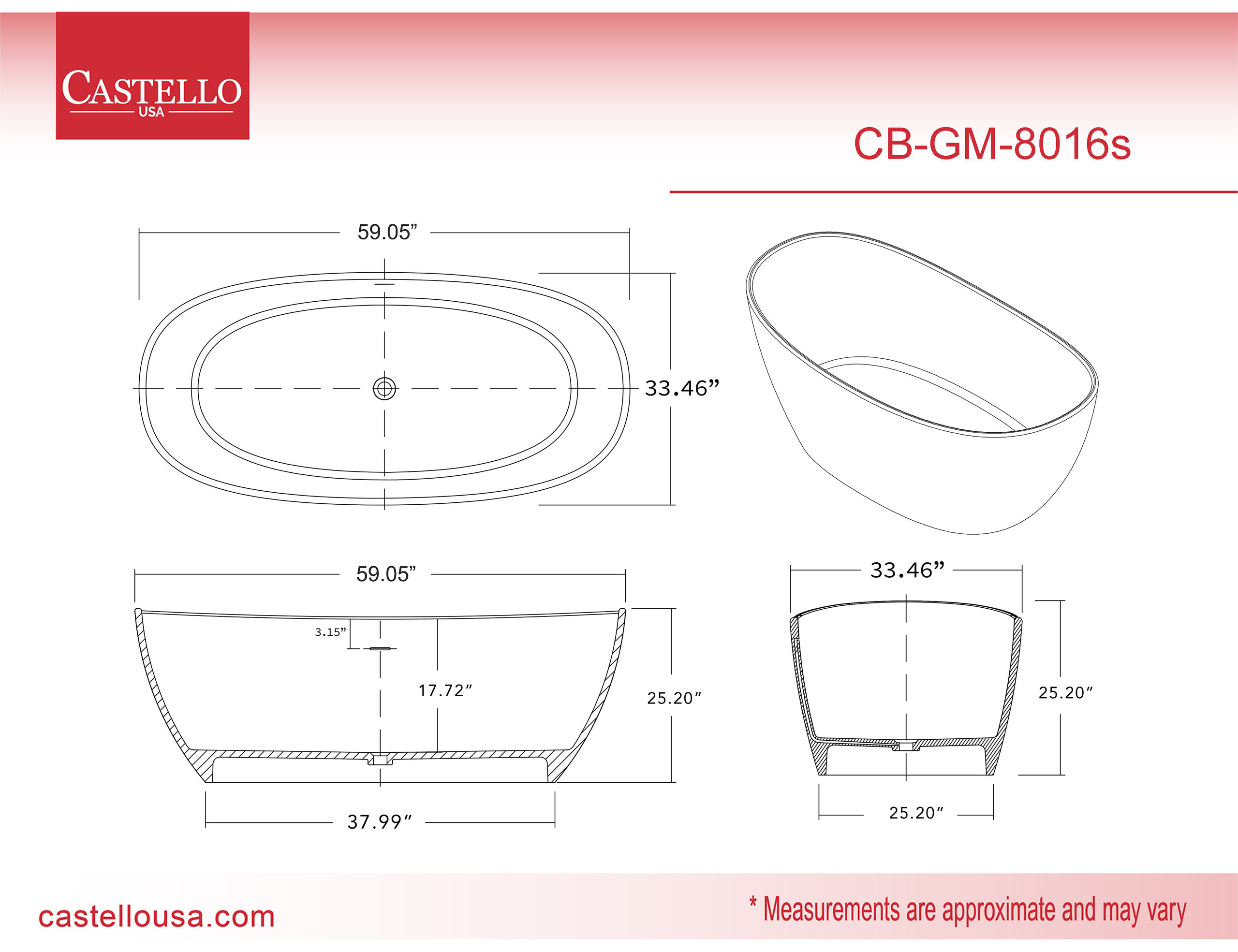 CastelloUSA Manhattan Solid Surface Stone Resin Freestanding Tub, White, 59"