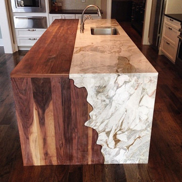 White Nuvolato Marble and Walnut Island