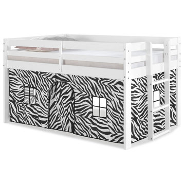 Jasper Twin Junior Loft Bed, White Frame and Black/White Zebra Playhouse Tent