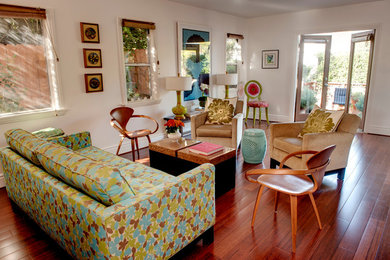 Living room - shabby-chic style living room idea in Los Angeles with white walls and no fireplace