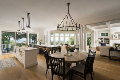 Inspiration for a transitional medium tone wood floor and brown floor great room remodel in Milwaukee with white walls