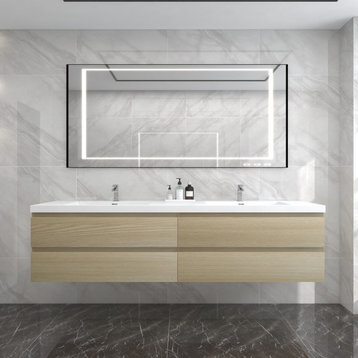 BTO 84" Wall Mounted Bath Vanity With Reinforced Acrylic Sink, Double Sink, White Oak