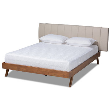 Brita Mid-Century Modern Light Beige Walnuted Wood Queen Size Bed