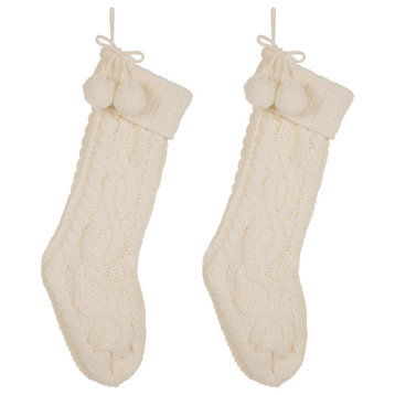 2-Pack 24"L Knitted Polyester Christmas Stocking With Pom Pom Ball, White