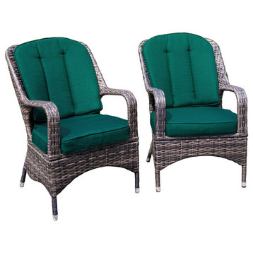 Set of 2 Brown Outdoor Patio Wicker Dining Cozy Armchairs, Green Cushions