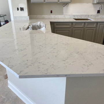 Carrara Bianco Quartz Kitchen Island + Countertops