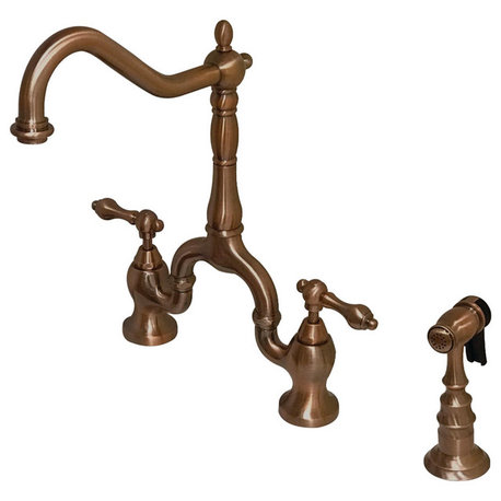 KS775ALBSAC English Country Kitchen Bridge Faucet,Brass Sprayer, Antique Copper