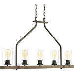 Progress Lighting - Barnes Mill Collection Five-Light Linear Chandelier, Antique Bronze - Rustic and vintage decor can transform your home into a nostalgic retreat reminiscent of rural farmhouses. Exposed iron details and a faux-painted wooden plank support artful, clear, seeded glass shades. Combine with vintage-style light bulbs to create a romantic focal point for any room. Uses Five 100 W Medium Base bulbs (not included).