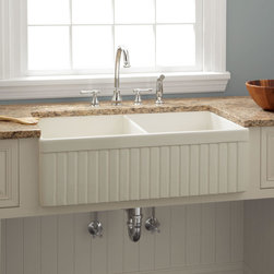 33" Baldwin Double-Bowl Fireclay Farmhouse Sink - Fluted Front - Kitchen Sinks
