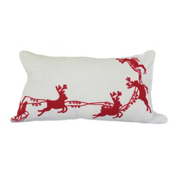 Xia Home Fashions - Santa's Sleigh With Bells/Reindeer Crewel Holiday Feather Filled Pillow - Decorative Pillows