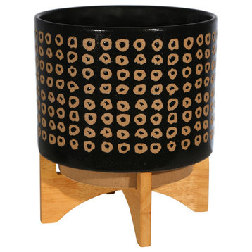 Benzara BM263804 Planter With Wooden Stand and Abstract Design, Large, Black
