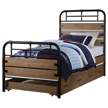Benzara BM196885 Metal and Wood Twin Size Bed w Slated Headboard,Black and Brown