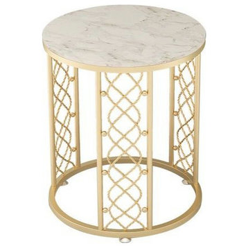 Marble Wrought Round Small Coffee Table, Gold-White, Dia19.7", 1 Layer
