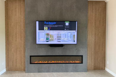 Large minimalist porcelain tile, gray floor and wall paneling family room photo in Tampa with a tile fireplace and a media wall