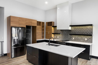 Eat-in kitchen - modern eat-in kitchen idea in Other with quartz countertops, stainless steel appliances, an island and white countertops
