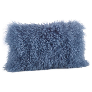 Mongolian Lamb Fur Poly Filled Throw Pillow, Blue-Grey, 12"x20"
