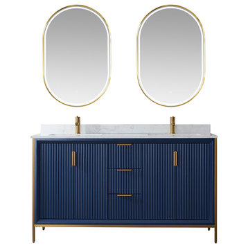 Granada Vanity With White Composite Stone Top, Royal Blue, 60", With Mirror