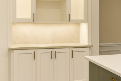 Transitional kitchen pantry photo in Raleigh with shaker cabinets, white cabinets, quartzite countertops and stone slab backsplash