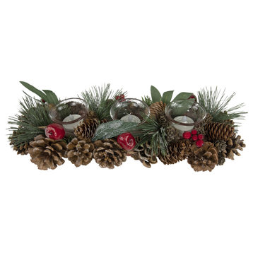15.25" Glitter Pinecones and Red Berries Tealight Christmas Candle Holder