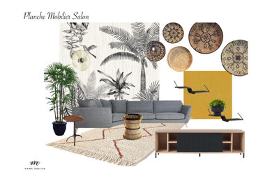 Foto di un grande soggiorno tropicale aperto con pareti bianche, pavimento con piastrelle in ceramica, TV a parete e pavimento beige