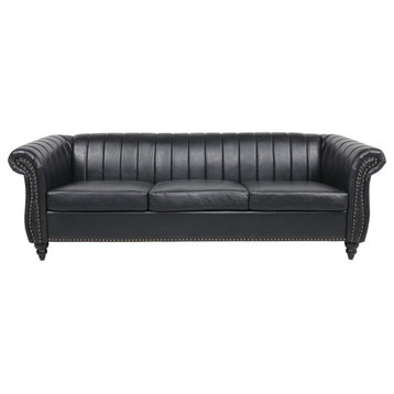 84'' PU Rolled Arm Chesterfield 3-Seater Sofa, Black
