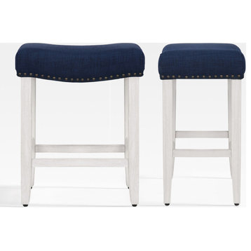 WestinTrends 2PC 24" Upholstered Backless Saddle Seat Counter Height Stool Set, Navy Blue