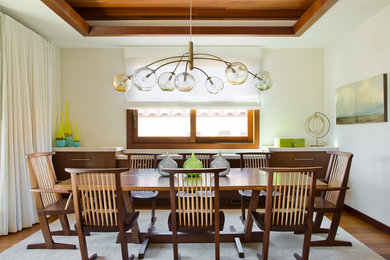 Inspiration for a coastal dining room remodel in Los Angeles with white walls