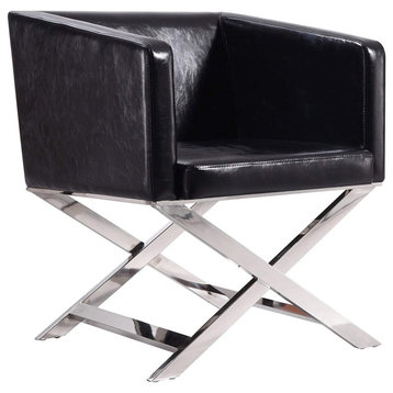 Classic Accent Chair, Director Design With Chrome Base & Black Faux Leather Seat