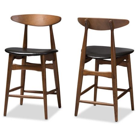 Flora Faux Leather Upholstered Walnut Finished Counter Stool, Set of 2, Black