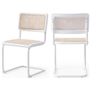 Maklaine Mid-Century Metal & Rattan Dining Chair in White/Natural (Set of 2)